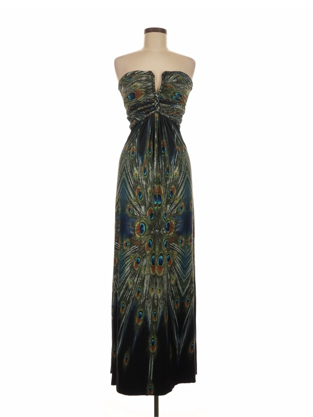 Sky Strapless Peacock-Print Maxi Dress in Blue and Green